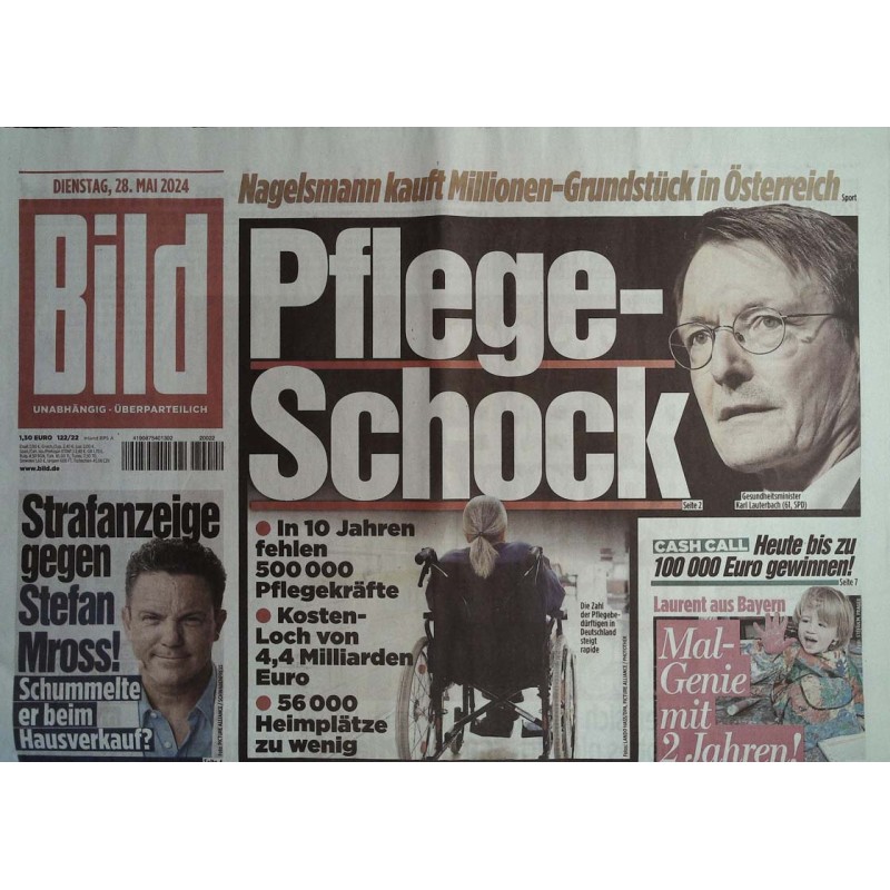 Bild Zeitung Dienstag, 28 Mai 2024 - Pflege Schock