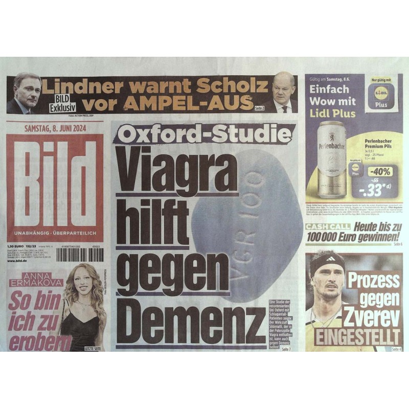 Bild Zeitung Samstag, 8 Juni 2024 - Viagra hilft gegen Demenz