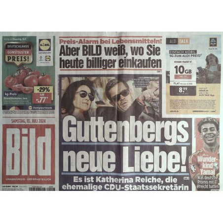 Bild Zeitung Samstag, 13 Juli 2024 - Gutenbergs neue Liebe!