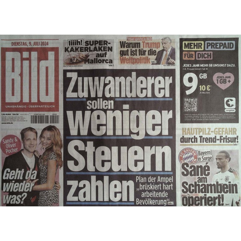 Bild Zeitung Dienstag, 9 Juli 2024 - Zuwanderer  / Steuern