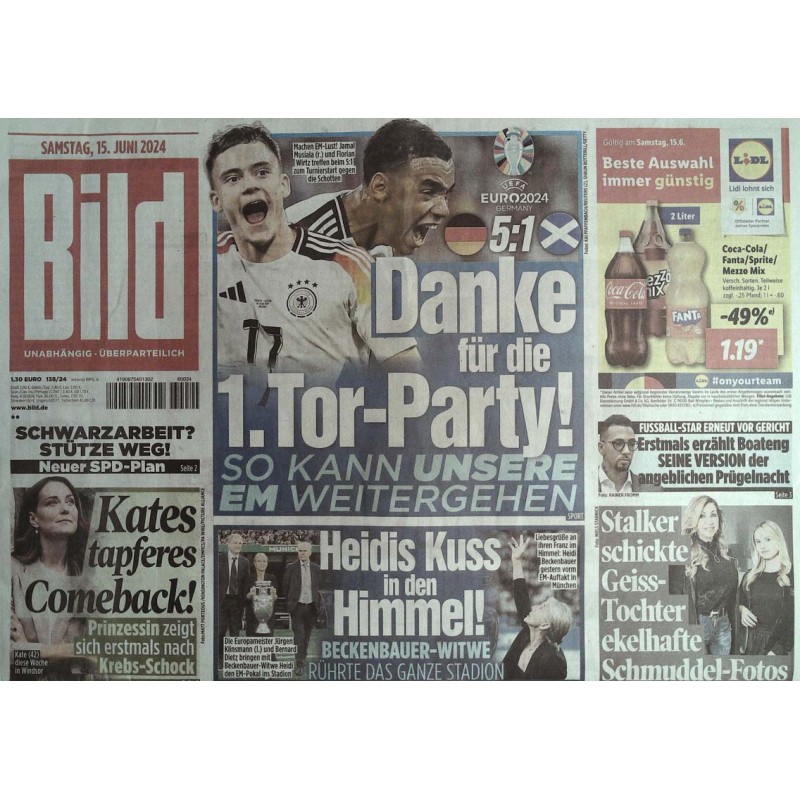 Bild Zeitung Samstag, 15 Juni 2024 - Danke für die 1. Tor Party