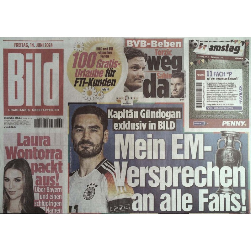 Bild Zeitung Freitag, 14 Juni 2024 - Kapitän Gündogan