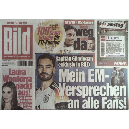 Bild Zeitung Freitag, 14 Juni 2024 - Kapitän Gündogan