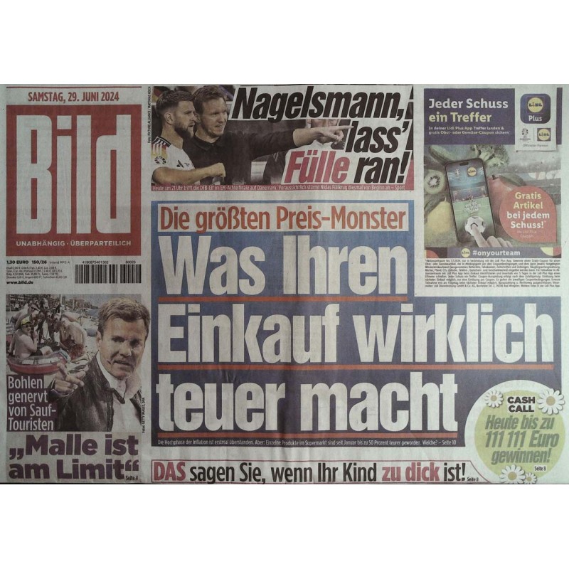 Bild Zeitung Samstag, 29 Juni 2024 - Preis Monster