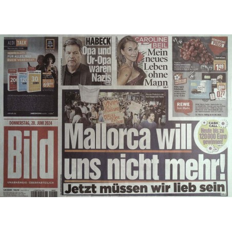 Bild Zeitung Donnerstag, 20 Juni 2024 - Mallorca will uns nicht