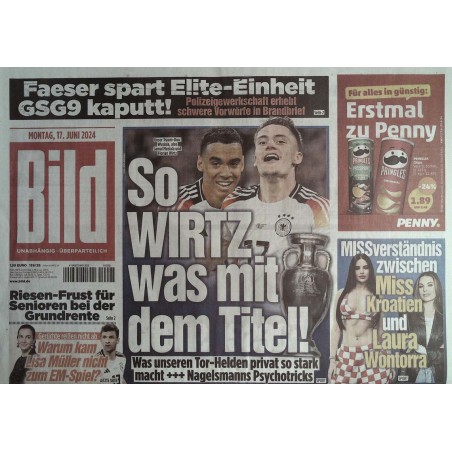 Bild Zeitung Montag, 17 Juni 2024 - So Wirtz was mit dem Titel!