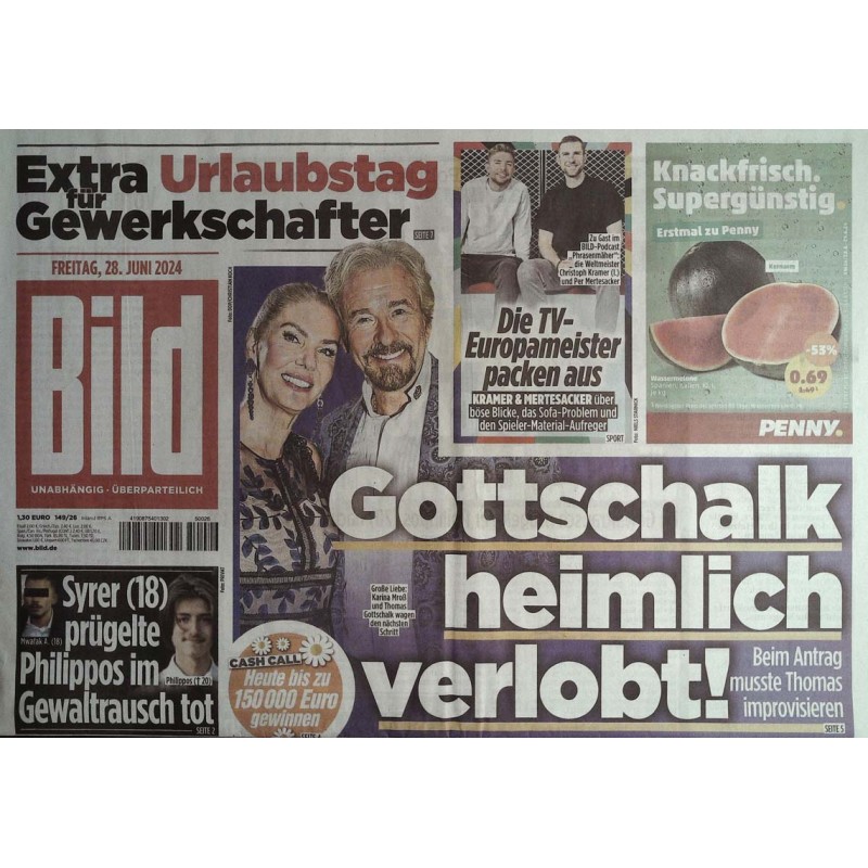 Bild Zeitung Freitag, 28 Juni 2024 - Gottschalk heimlich verlobt!