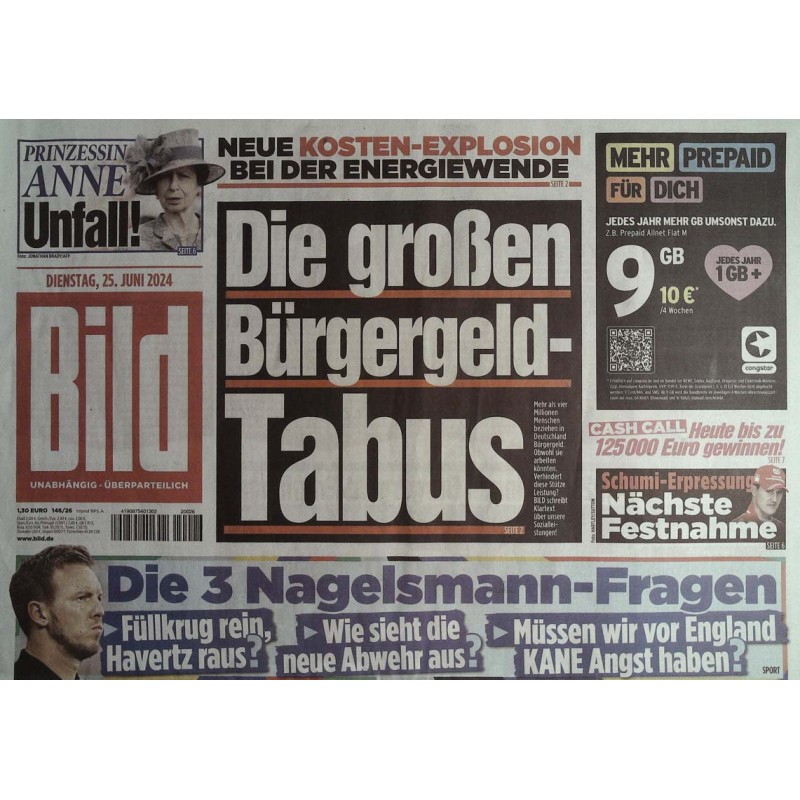 Bild Zeitung Dienstag, 25 Juni 2024 - Bürgergeld-Tabus