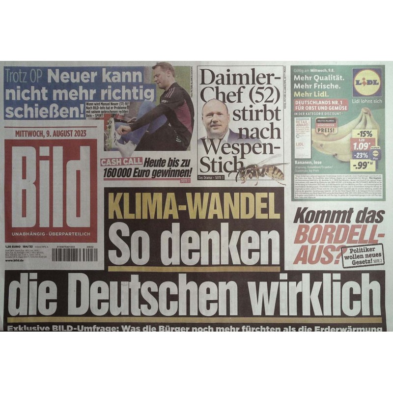 Bild Zeitung Mittwoch, 9 August 2023 - Klima Wandel