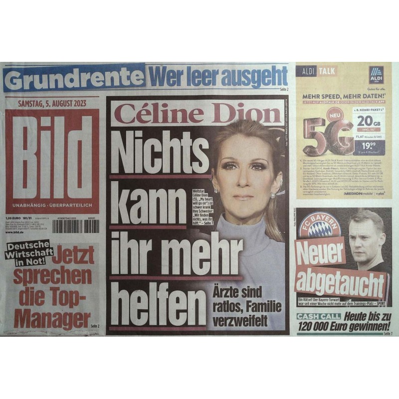 Bild Zeitung Samstag, 5 August 2023 - Celine Dion