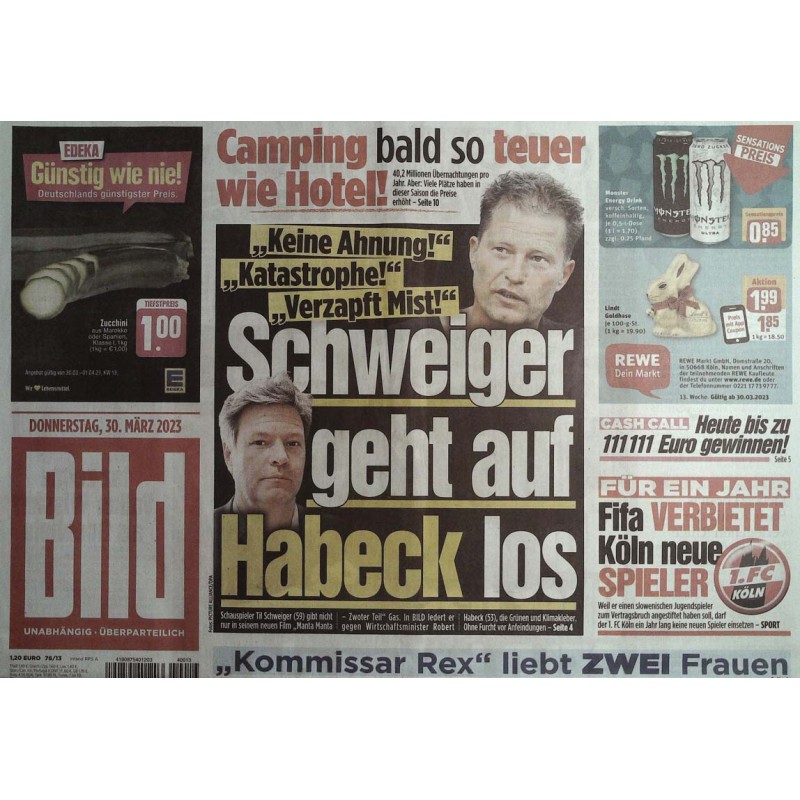 Bild Zeitung Donnerstag, 30 März 2023 - Schweiger & Habeck