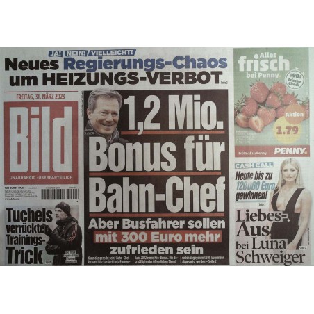 Bild Zeitung Freitag, 31 März 2023 - Bonus Bahn-Chef