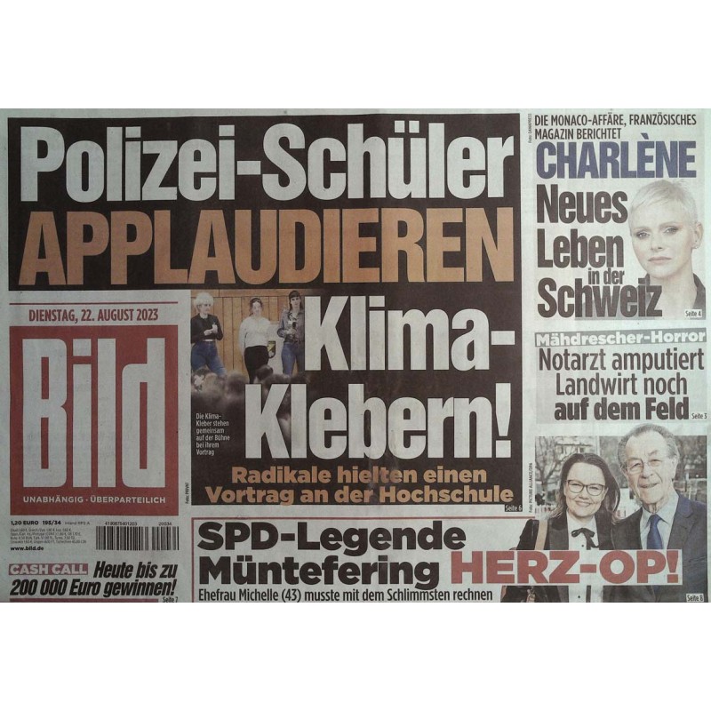 Bild Zeitung Dienstag, 22 August 2023 - Klima Kleber