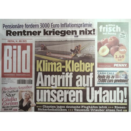 Bild Zeitung Freitag, 14 Juli 2023 - Klima Kleber