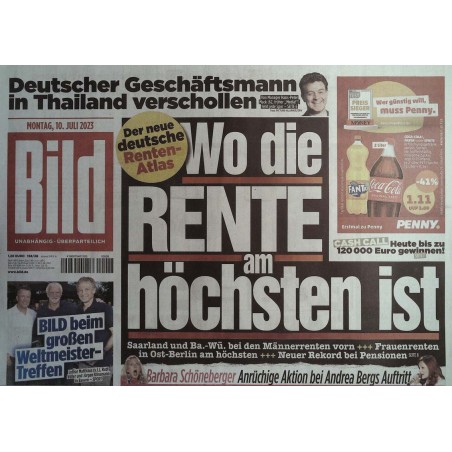 Bild Zeitung Montag, 10 Juli 2023 - Renten-Atlas