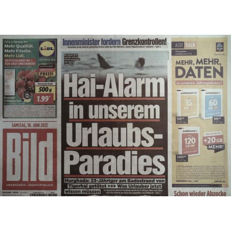 Bild Zeitung Samstag, 10 Juni 2023 - Hai Alarm im Paradies