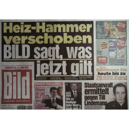 Bild Zeitung Donnerstag, 15 Juni 2023 - Heiz-Hammer verschoben