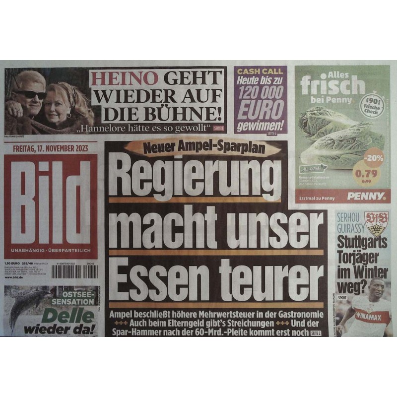 Bild Zeitung Freitag, 17 November 2023 - Ampel Sparplan