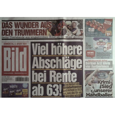 Bild Zeitung Donnerstag, 8 August 2024 - Höhere Abschläge...