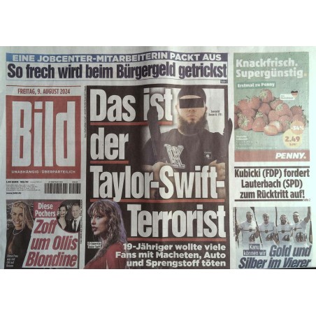 Bild Zeitung Freitag, 9 August 2024 - Taylor Swift Terrorist