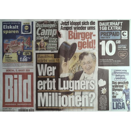 Bild Zeitung Dienstag, 13 August 2024 - Richard Lugner gestorben