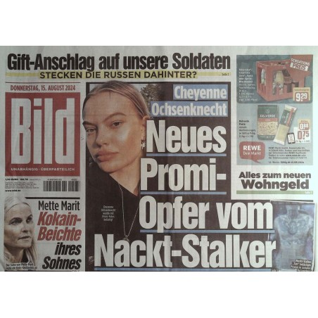 Bild Zeitung Donnerstag, 15 August 2024 - Cheyenne Ochsenknecht