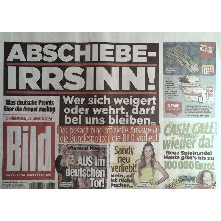 Bild Zeitung Donnerstag, 22 August 2024 - Abschiebe Irrsinn!