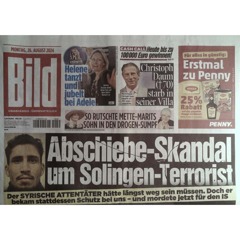 Bild Zeitung Montag, 26 August 2024 - Abschiebe Skandal