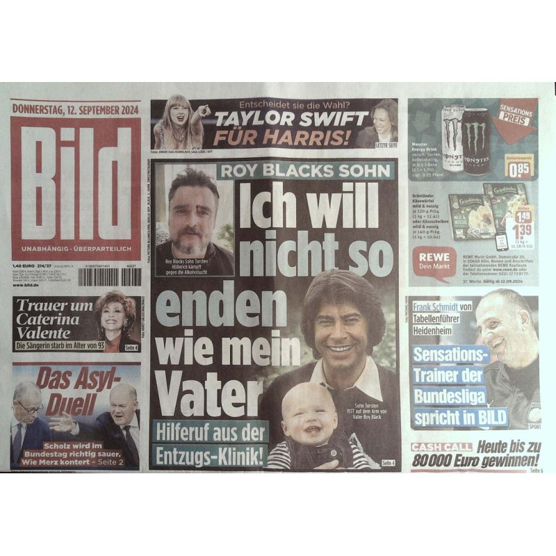 Bild Zeitung Donnerstag, 12 September 2024 - Roy Blacks Sohn