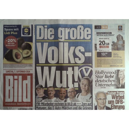 Bild Zeitung Samstag, 7 September 2024 - Die große Volks-Wut!