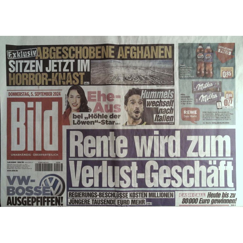 Bild Zeitung Donnerstag, 5 September 2024 - Rente Verlust-Geschäft