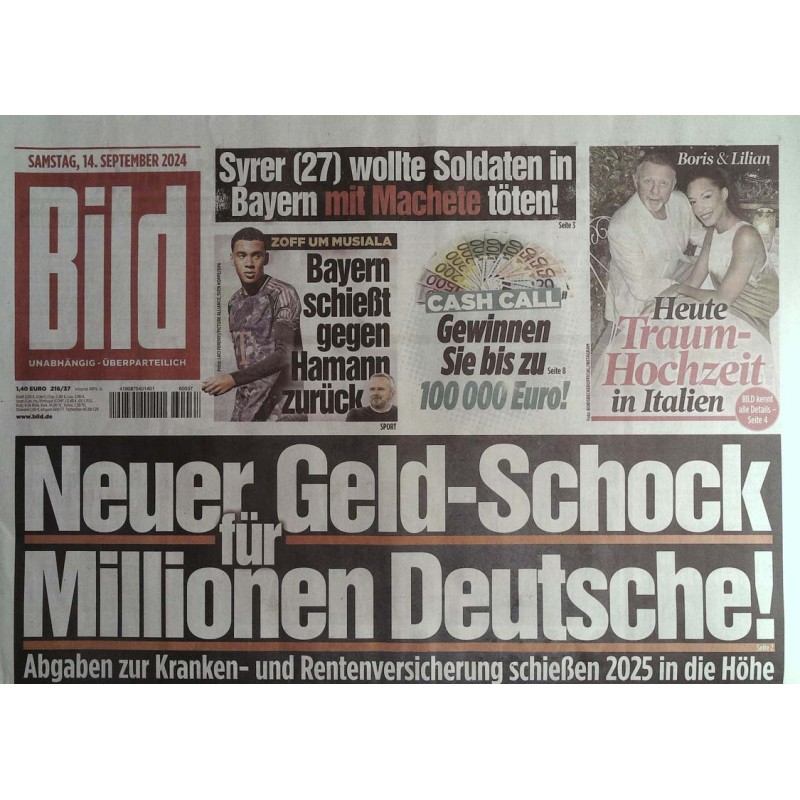 Bild Zeitung Samstag, 14 September 2024 - Neuer Geld Schock!