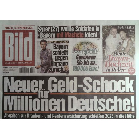 Bild Zeitung Samstag, 14 September 2024 - Neuer Geld Schock!