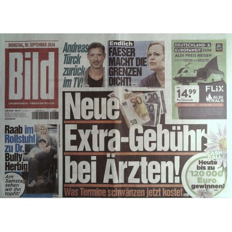 Bild Zeitung Dienstag, 10 September 2024 - Neue Extra Gebühr...