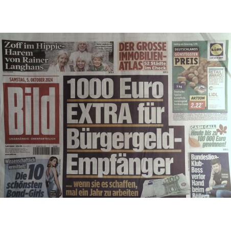 Bild Zeitung Samstag, 5 Oktober 2024 - Extra Bürgergeld