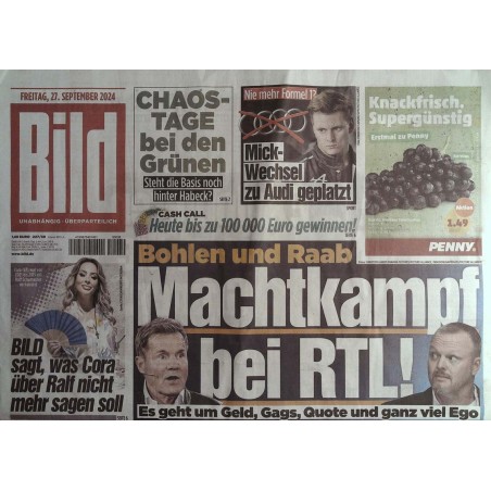 Bild Zeitung Freitag, 27 September 2024 - Machtkampf bei RTL