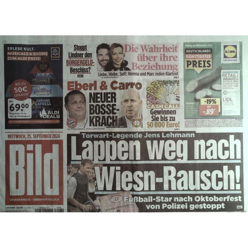 Bild Zeitung Mittwoch, 25 September 2024 - Jens Lehmann