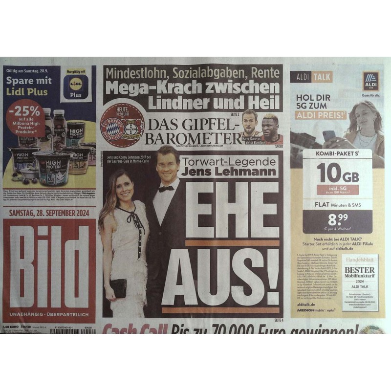 Bild Zeitung Samstag, 28 September 2024 - Ehe Aus!