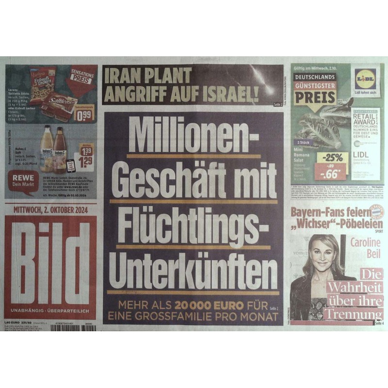 Bild Zeitung Mittwoch, 2 Oktober 2024 - Flüchtlings Unterkünften