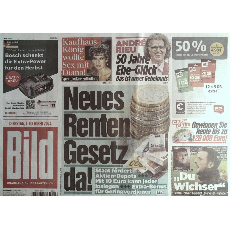 Bild Zeitung Dienstag, 1 Oktober 2024 - Neues Renten-Gesetz da!