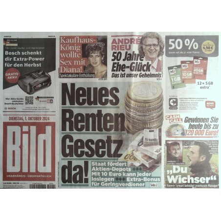 Bild Zeitung Dienstag, 1 Oktober 2024 - Neues Renten-Gesetz da!