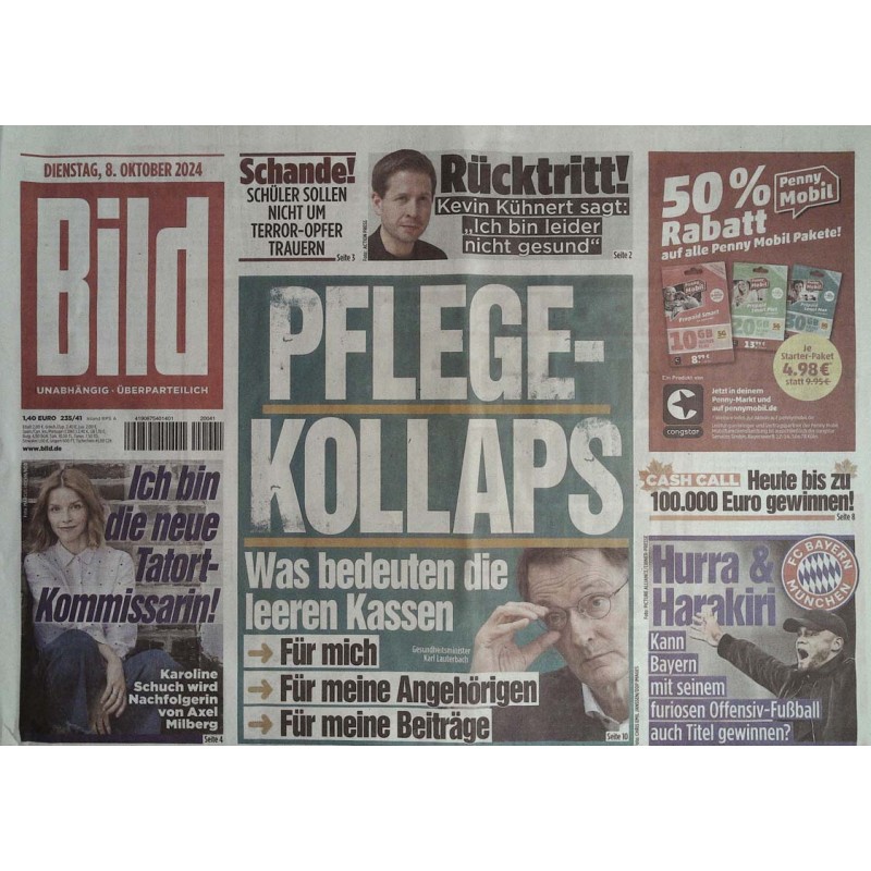 Bild Zeitung Dienstag, 8 Oktober 2024 - Pflege Kollaps