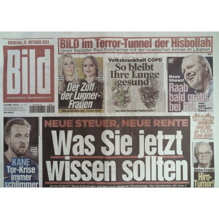 Bild Zeitung Dienstag, 15 Oktober 2024 - Neue Steuern, neue Rente