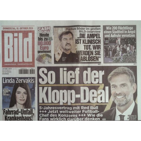 Bild Zeitung Donnerstag, 10 Oktober 2024 - Klopp Deal