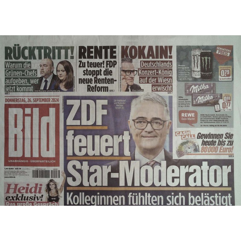 Bild Zeitung Donnerstag, 26 September 2024 - Star Moderator gefeuert