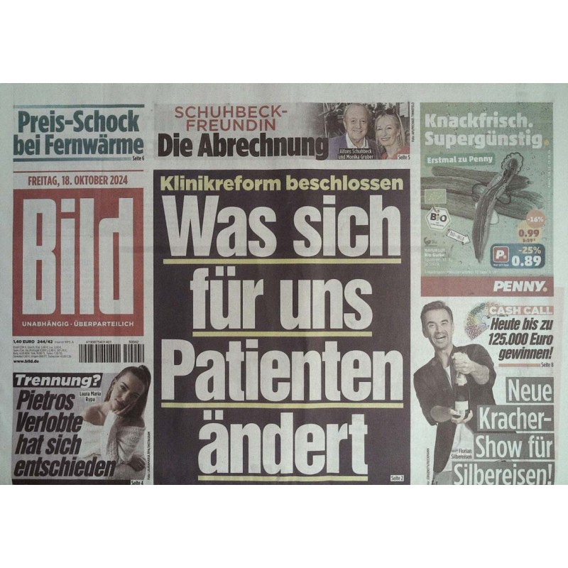 Bild Zeitung Freitag, 18 Oktober 2024 - Klinikreform beschlossen