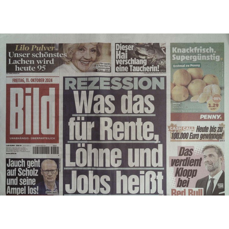 Bild Zeitung Freitag, 11 Oktober 2024 - Rezession