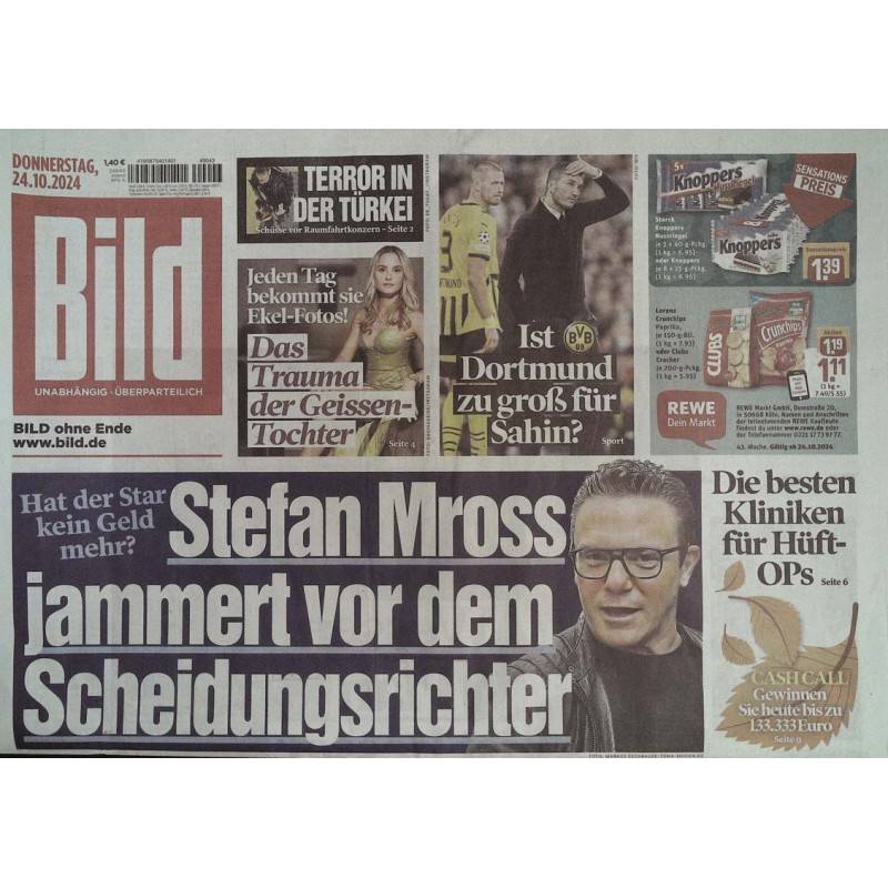 Bild Zeitung Donnerstag, 24 Oktober 2024 - Stefan Mross...