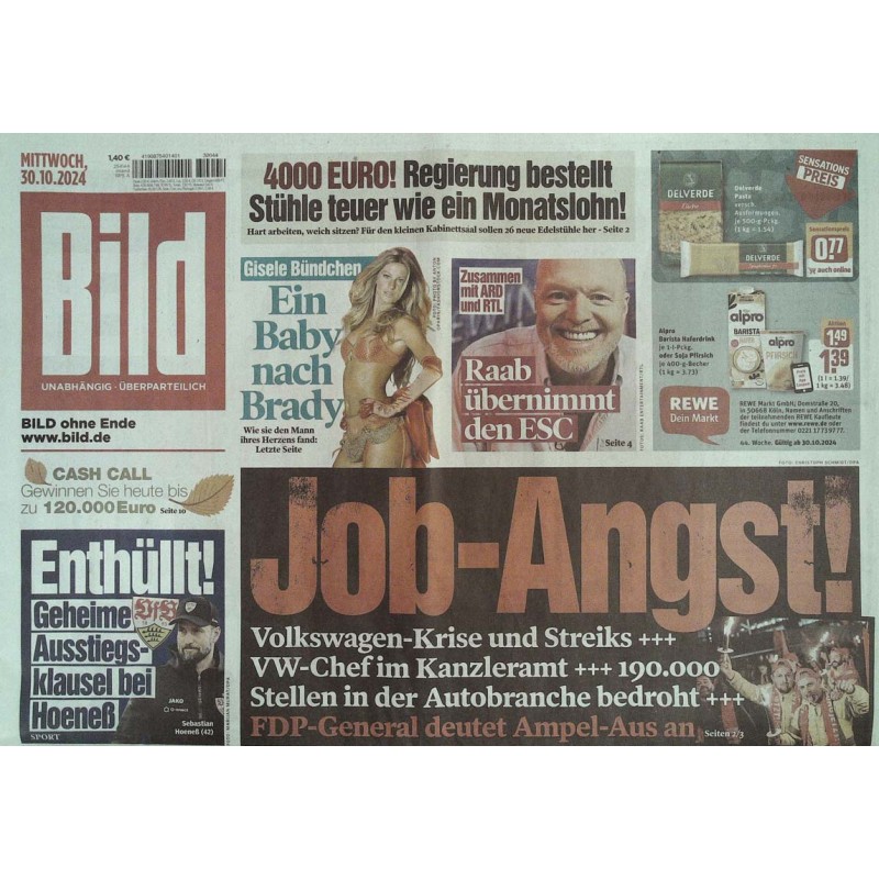 Bild Zeitung Mittwoch, 30 Oktober 2024 - Job Angst