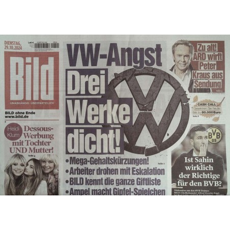 Bild Zeitung Dienstag, 29 Oktober 2024 - Volkswagen Angst